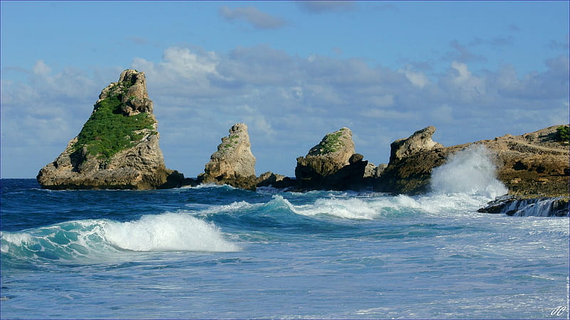 La Pointe des Chateaux, Guadeloupe, beach, rocks, shore, water, waves, HD wallpaper