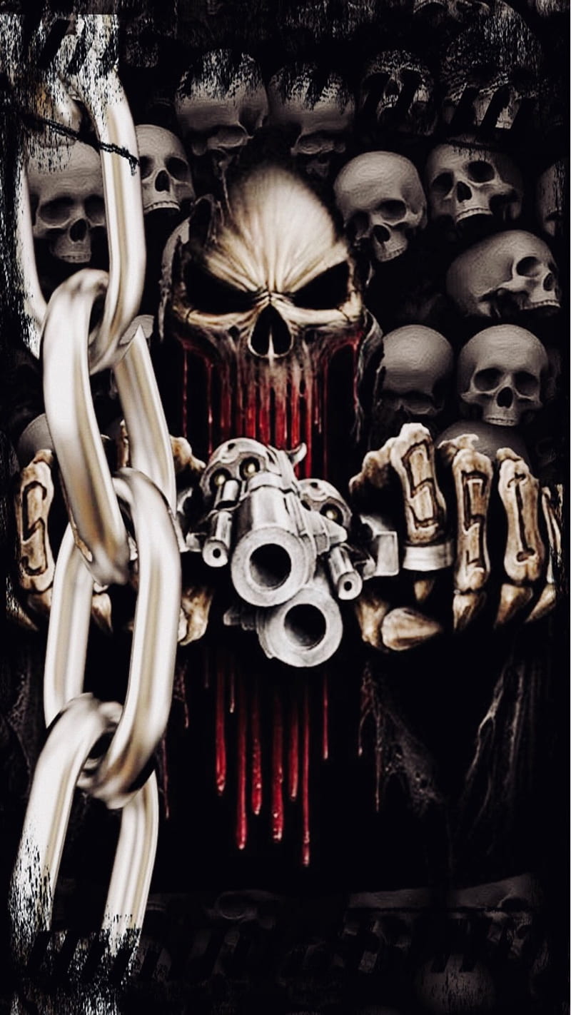 Skull, android, chains, dark, gun, iphone, HD phone wallpaper