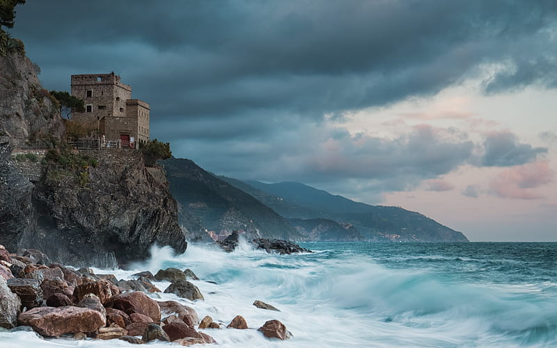 sea, waves, storm, Castle, Cinque Terre, Gulf of Genoa, Liguria, Torre Aurora, Dawn Tower, Italy, Monterosso al Mare, HD wallpaper