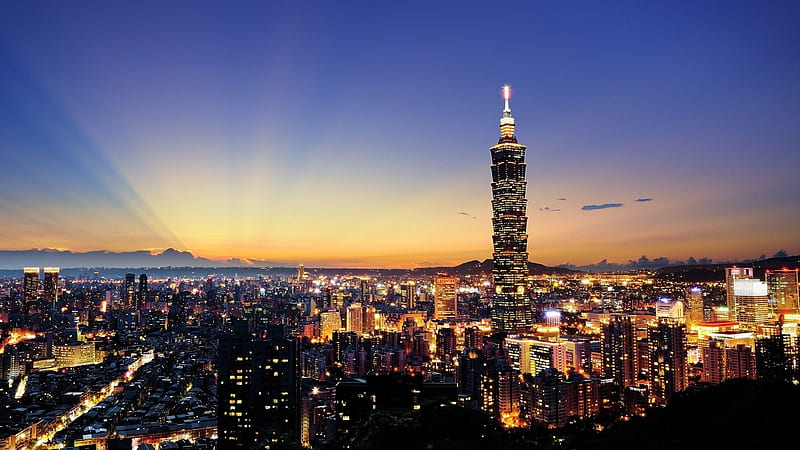 TaiPei night skyscrapers sunlight-Cities, HD wallpaper