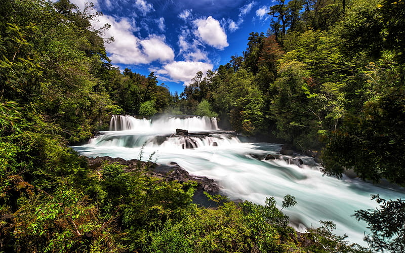 beautiful waterfall, mountain river, forest, stones, water, Neltume, Chile, HD wallpaper