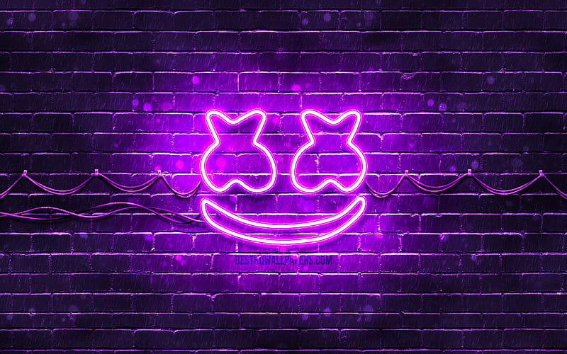 Marshmello violet logo superstars, american DJs, violet brickwall, Marshmello logo, Christopher Comstock, music stars, Marshmello neon logo, DJ Marshmello, HD wallpaper