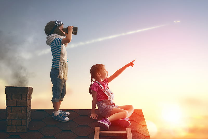 Little Childrens On Roof Watching Sky, children, child, graphy, HD wallpaper