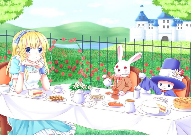 ~The Tea Party~, table, food, tea, mad hatter, alice in wonderland, anime, flowers, white rabbit, castle, HD wallpaper