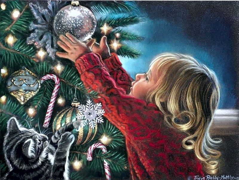 Wonderful Christmas Time, ornaments, tree, painting, child, cat, artwork, winter, HD wallpaper
