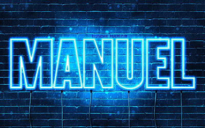 Manuel with names, horizontal text, Manuel name, blue neon lights, with Manuel name, HD wallpaper