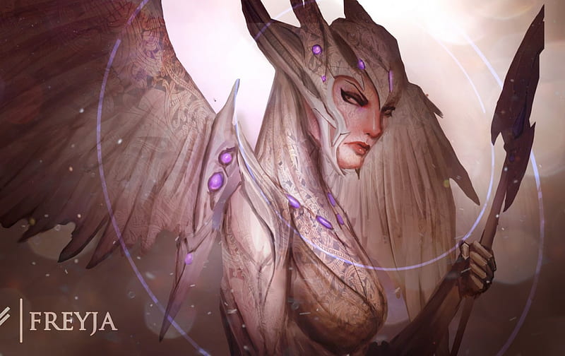Freyja, art, wings, goddess, game, woman, fantasy, girl, pink, HD wallpaper