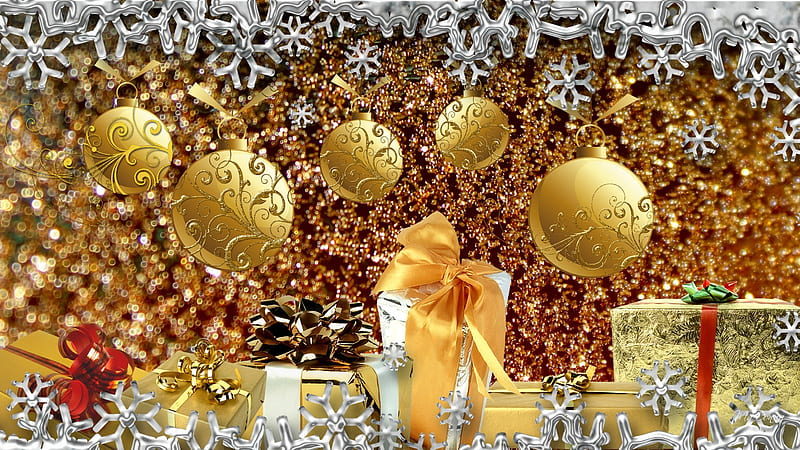 Bright Holiday, gold, christmas, glitter, snowflakes, packages, shine, gifts, HD wallpaper