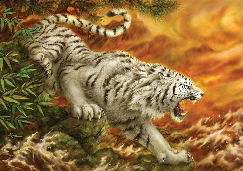 White tiger, art, fantasy, chinese art, orange, yellow, tiger, tigru, white, HD wallpaper