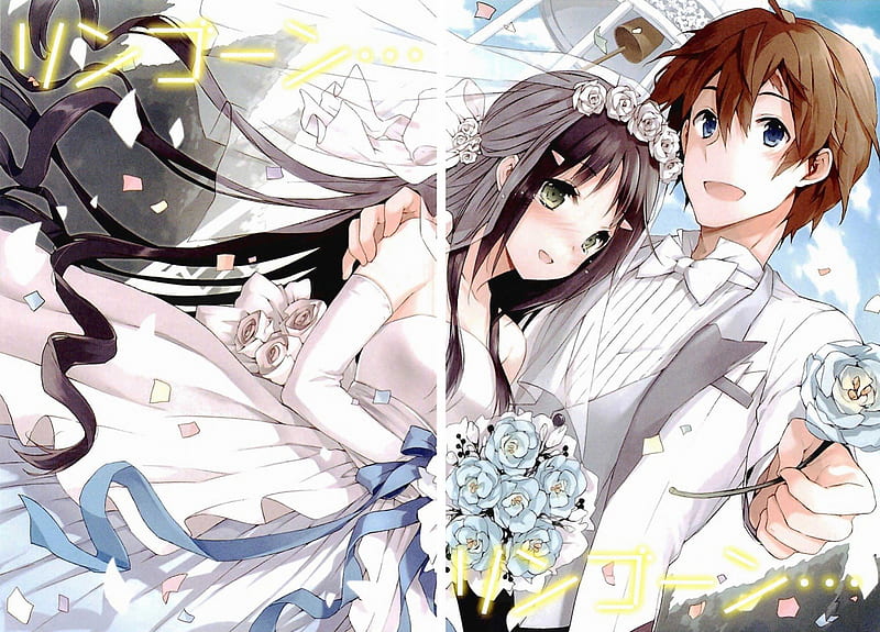 ღWedding day✿, bouquet, anime, love, bride, manga, church, couple, Wedding Dress, HD wallpaper