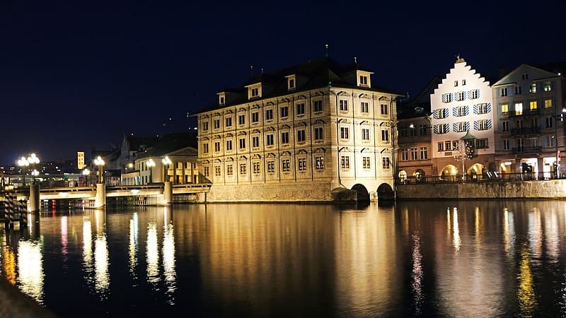 Zurich Town Hall (Rathaus), illuminated, night, part is over river, three storey, HD wallpaper