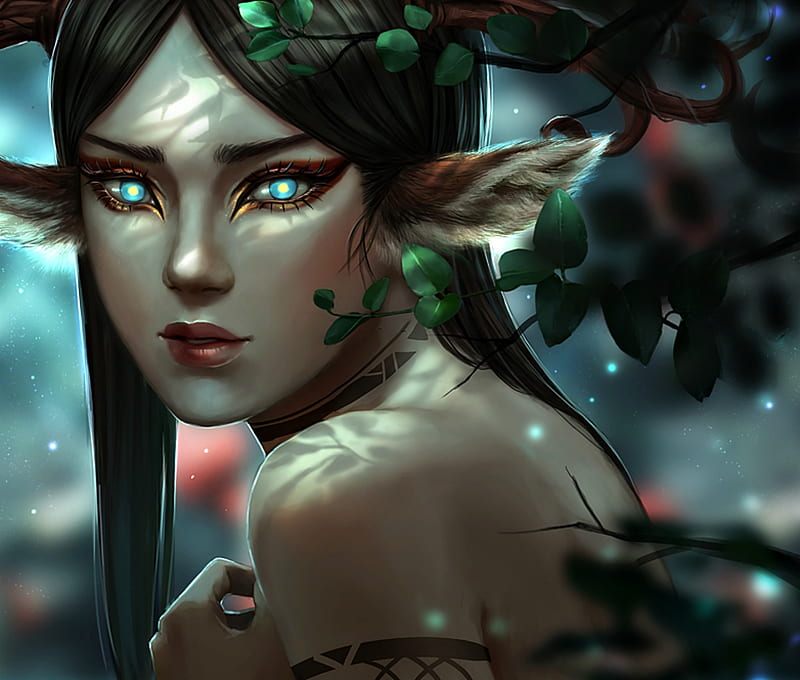 Forest creature, forest, art, luminos, ears, nymph, fantasy, girl, green, redpear, face, blue, HD wallpaper