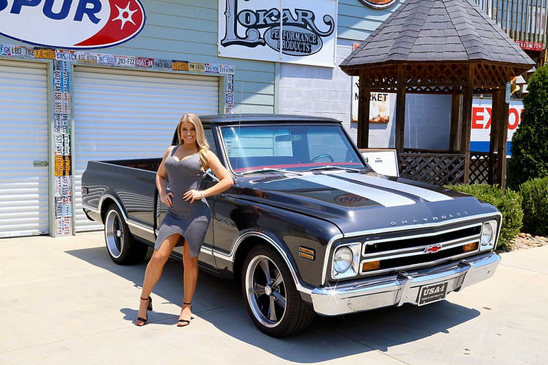 1968 Chevy C10 350 and Girl, Old-Timer, 350, Car, C10, Truck, Chevy, Girl, Pickup, HD wallpaper