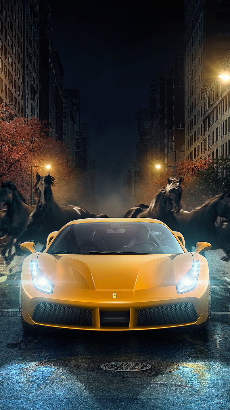 Ferrari 488 GTB, 488 gtb, city, luxury, night, street, supercar, vehicle, yellow, HD phone wallpaper