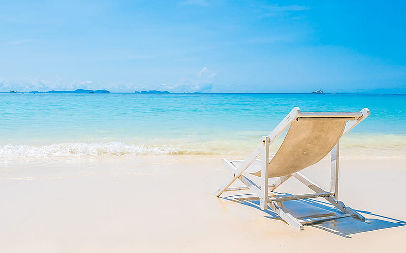 beach, chaise lounge, tropical island, seascape, rest, relax, sea, HD wallpaper