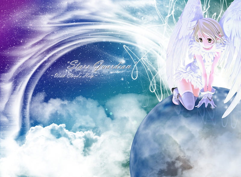 Stars Guardian With Clouds Help, cute, stars, wings, colourful, girl, anime, angel, clods, HD wallpaper