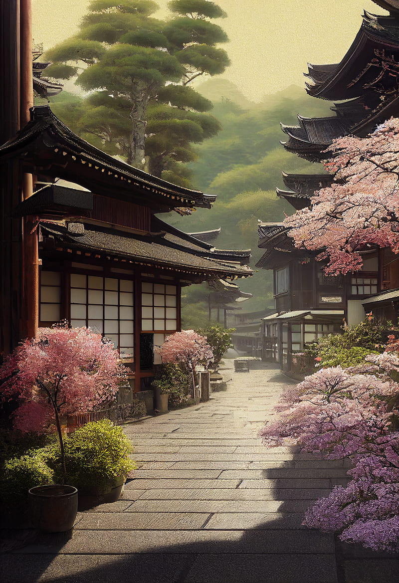 pagodas, sakura, japan, art, HD phone wallpaper