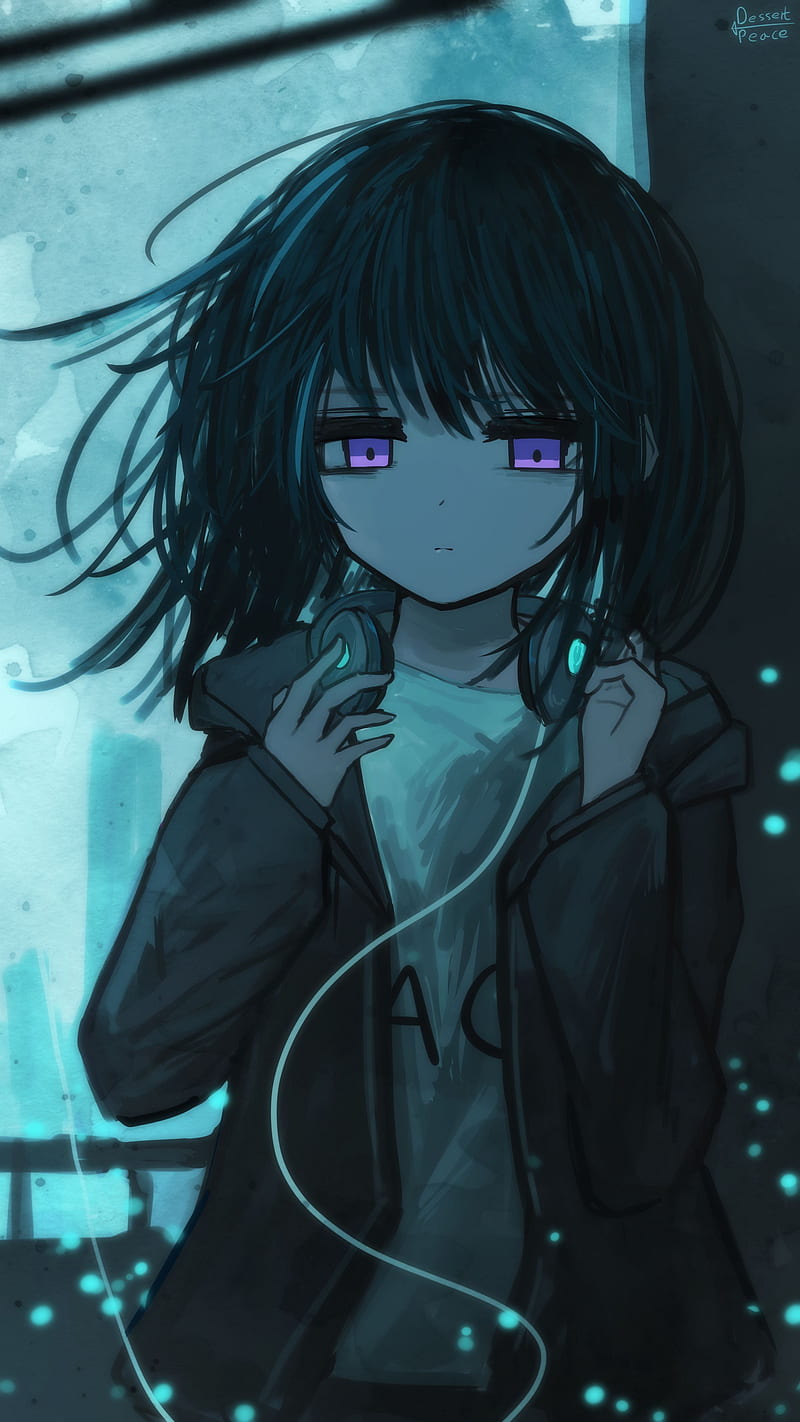 girl, headphones, sad, music, anime, art, HD phone wallpaper