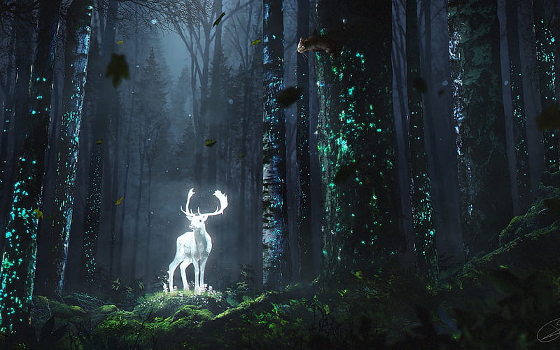 White deer, forest, veverita, squirrel, tree, fantasy, cerb, white, deer, HD wallpaper
