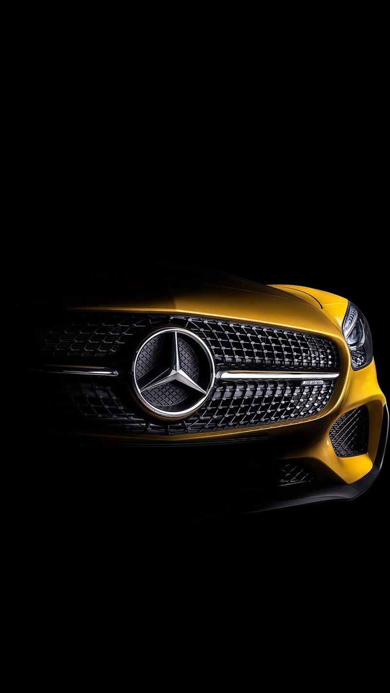 Yellow Mercedes, auto, black, car, dark, front, german, germany, logo, HD phone wallpaper