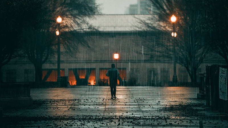 man, rain, loneliness, sad, walk, street, city 16:9 background, Sad Rainy, HD wallpaper