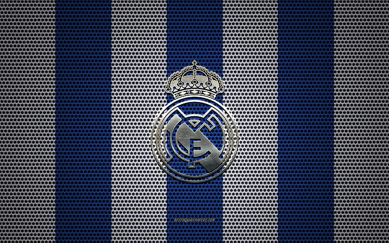 Real Madrid logo, Spanish football club, metal emblem, white-blue metal mesh background, Real Madrid, La Liga, Madrid, Spain, football, HD wallpaper