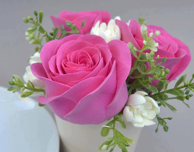 Vase with Pink Roses, vase, roses, leaves, graphy, green, flowers, nature, tulips, white, pink, HD wallpaper
