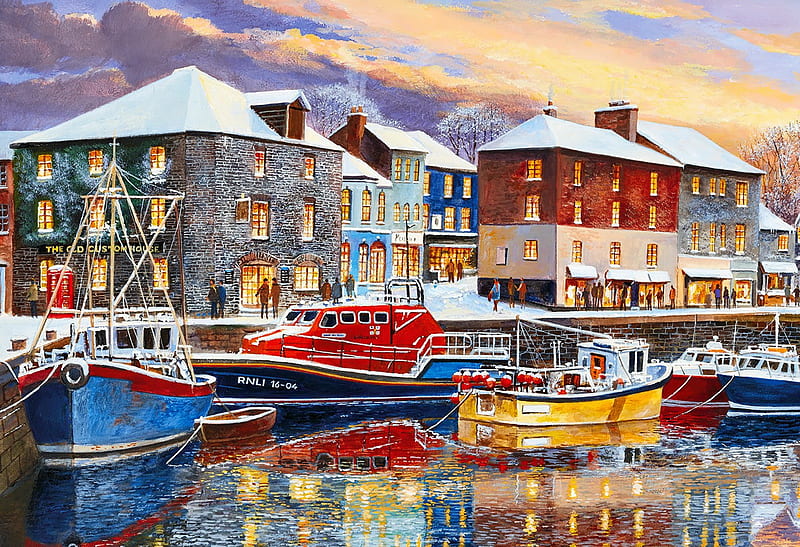 Padstow in winter, winter, town, art, boat, snow, reflections, harbor, HD wallpaper