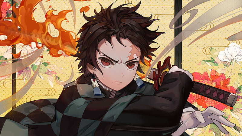 Demon Slayer Tanjirou Kamado With Brown Eyes And Black Hair Having Sword With Background Of Yellow And Red Abstract Anime, HD wallpaper