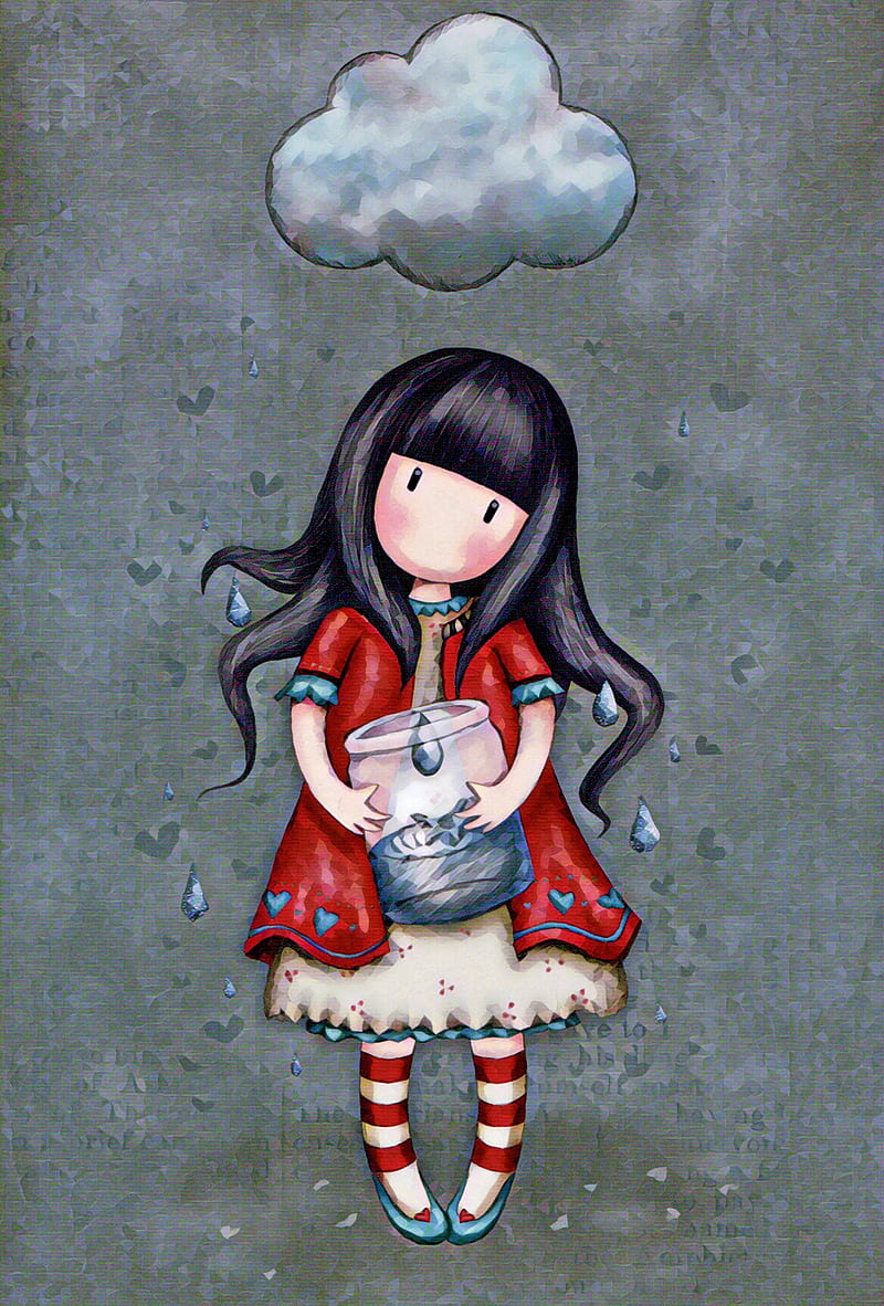 Raindrops, cloud, cute, girl, gorjuss, jar, rain, santoro, HD phone wallpaper