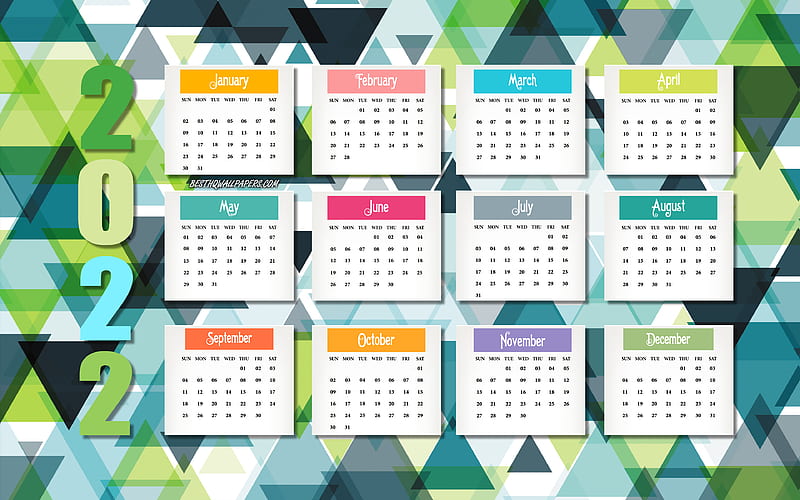 2022 Calendar, mosaic background, 2022 all months calendar, green mosaic, 2022 concepts, 2022 New Year Calendar, HD wallpaper