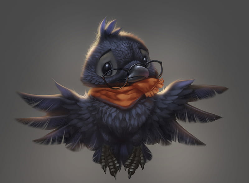 Baby crow, wings, orange, pasare, glasses, black, baby, silverfox5213, cute, fantasy, bird, scarf, crow, HD wallpaper