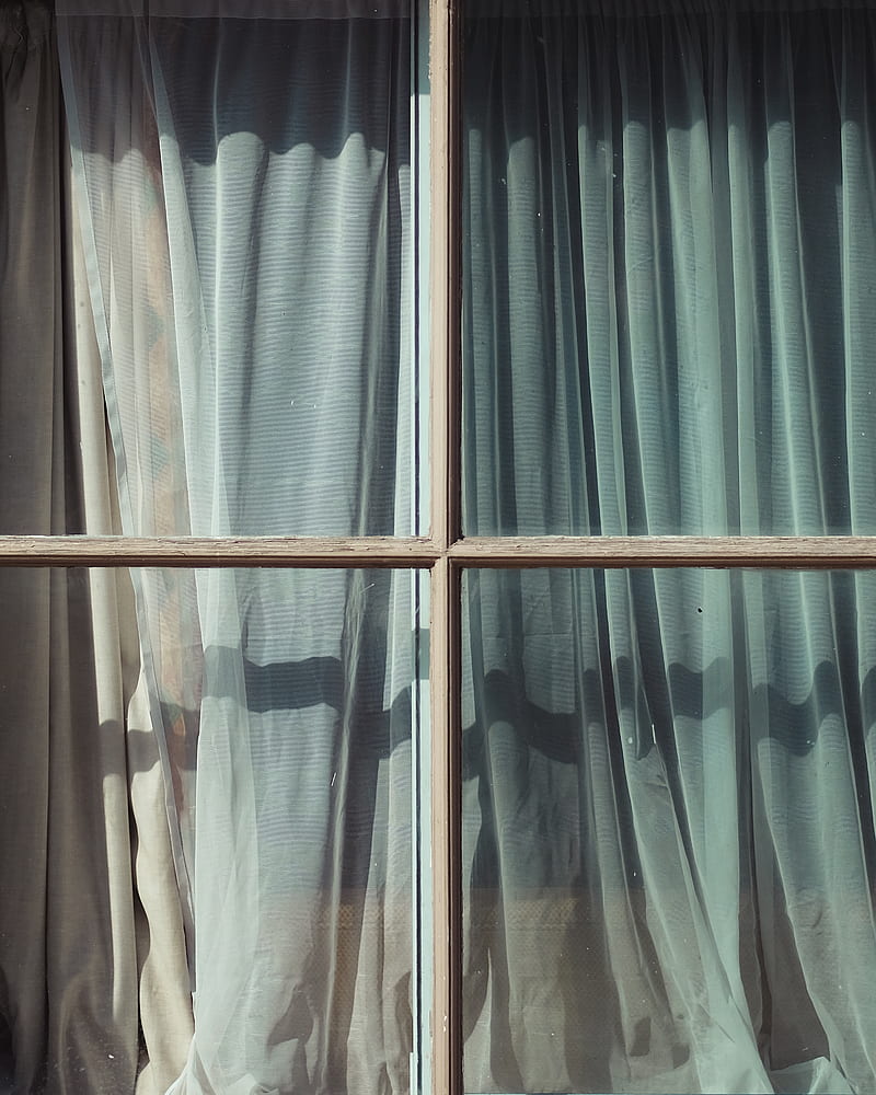 glass window with teal and white curtain, HD phone wallpaper