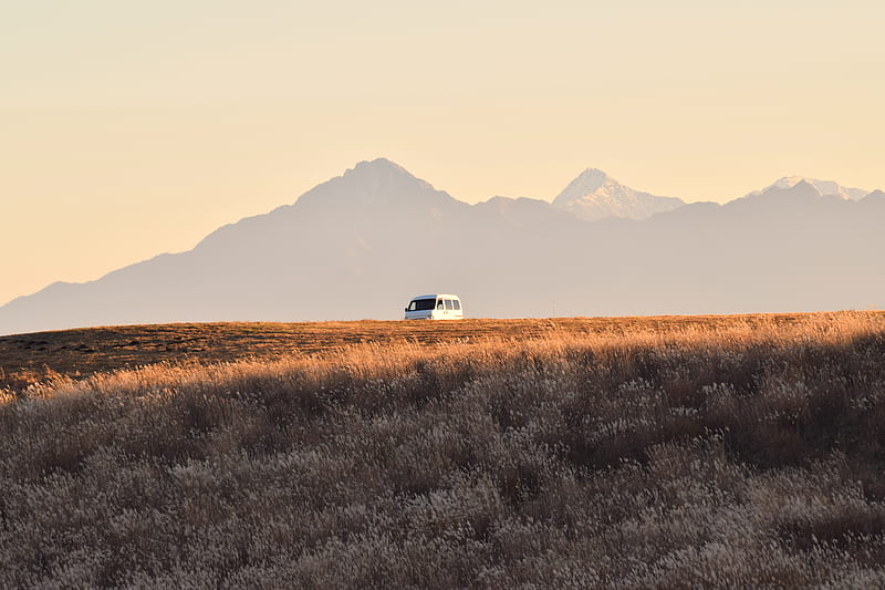 car, van, white, field, mountains, landscape, HD wallpaper