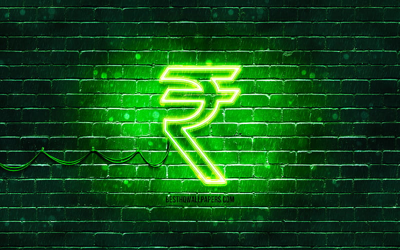 Indian rupee neon icon green background, currency, neon symbols, Indian rupee, neon icons, Indian rupee sign, currency signs, Indian rupee icon, currency icons, HD wallpaper