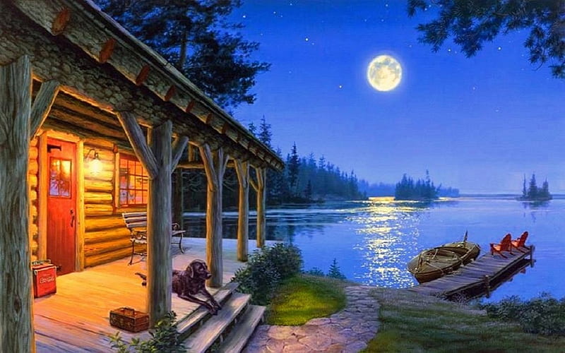 ★Back at the Lake★, stunning, attractions in dreams, bonito, paintings, boats, landscapes, chairs, cabins, moons, lakes, lovely, colors, love four seasons, places, creative pre-made, mountains, nature, dogs, HD wallpaper