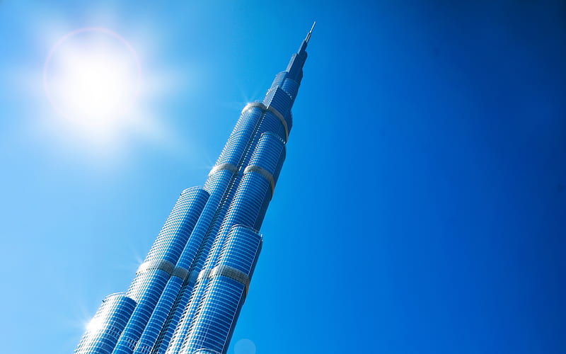 Burj Khalifa Dubai, UAE, skyscraper, 828 meters, blue sky, sun, tallest world building, HD wallpaper