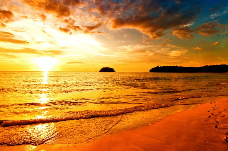 Sunset, isle, shore, sun, orange, clouds, sea, beach, SkyPhoenixX1, sunrise, horizon, ocean, sunlight, waves, sky, water, sunshine, island, nature, coast, HD wallpaper