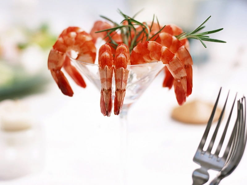 shrimp cocktail, glass, shrimp, cocktail, fork, HD wallpaper