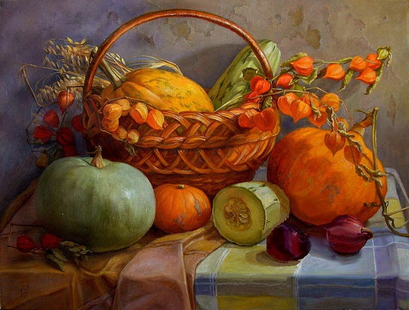 Still Life, autumn, fruits, painting, vegetables, artwork, pumpkins, HD wallpaper