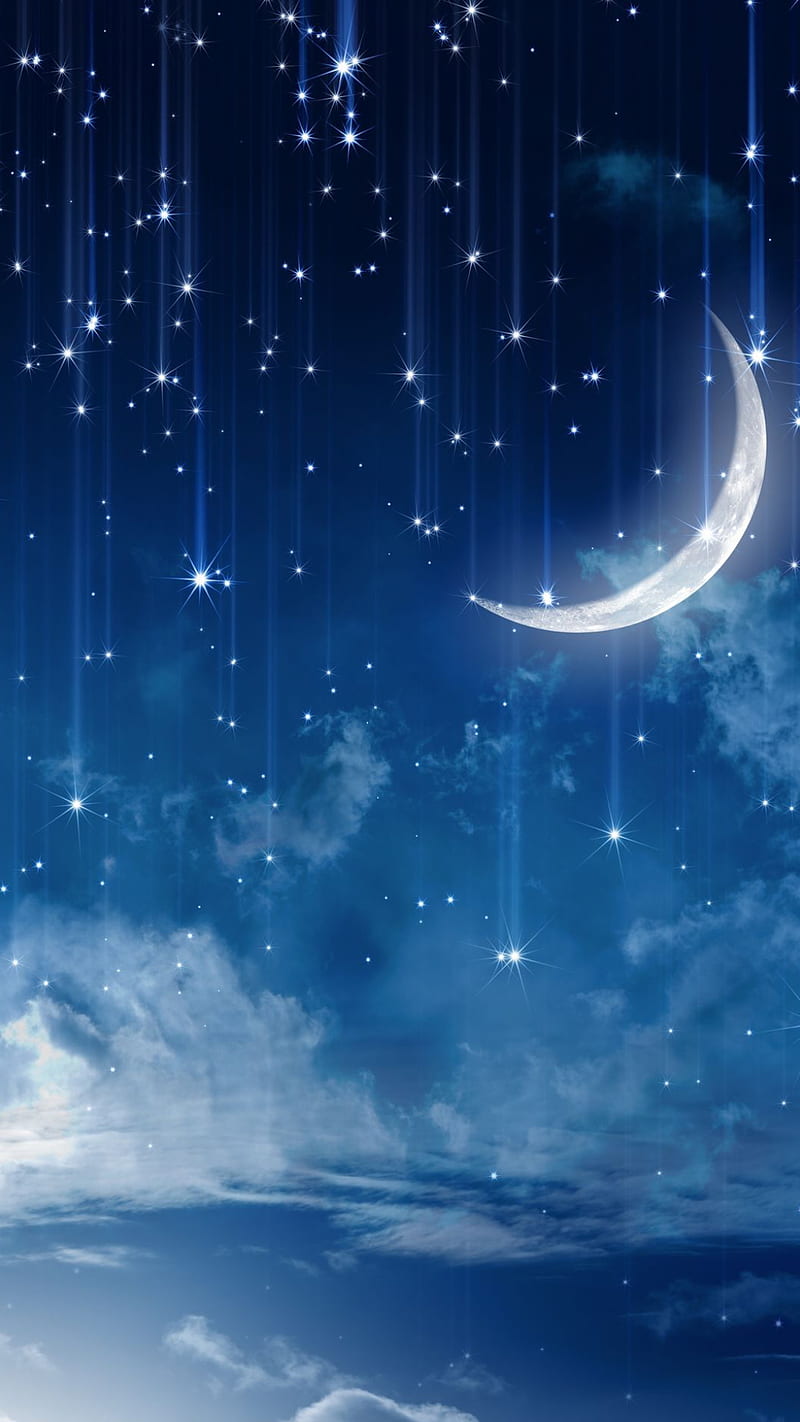 Falling stars, fall, fantasy, light, moon, night, sky, stars, HD phone wallpaper