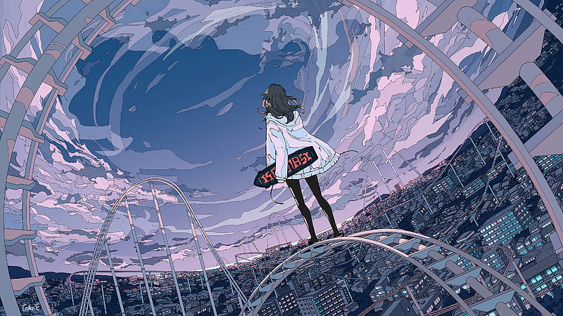 Skyline Anime Girl Skateboard, anime-girl, anime, artist, artwork,  digital-art, HD wallpaper