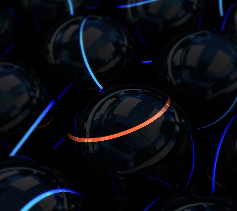 Abstract Spheres 3D, balls, black, blue, dark, glow, orange, orbs, round, spheres, HD wallpaper