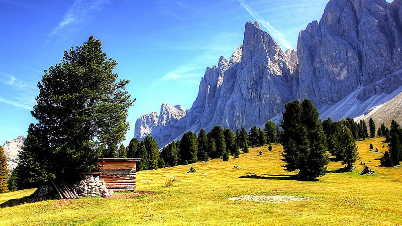 Beautiful Scenery White Mountains Green Grass Trees Under Blue Sky ...