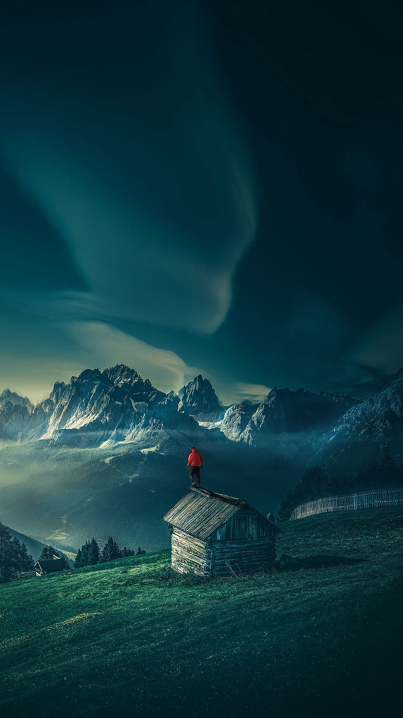 Landscape , night, man, hut, mountain, field, HD phone wallpaper