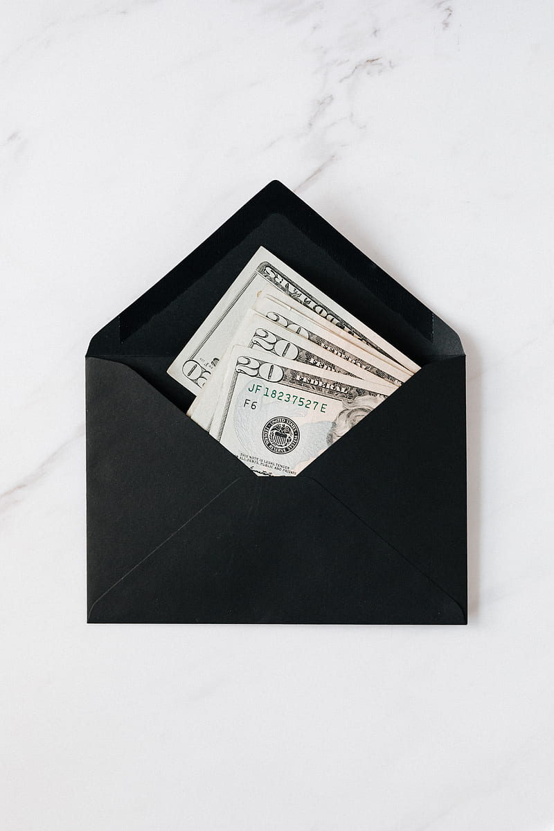 Top view of opened envelope with USA banknotes of 20 dollars placed on white marble desk illustrating concept of money gift or charity, HD phone wallpaper