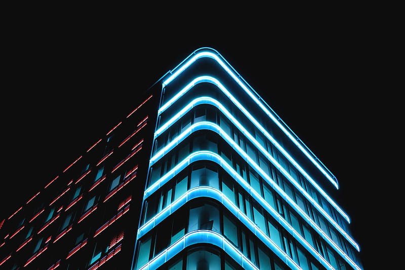 building, neon, bottom view, HD wallpaper
