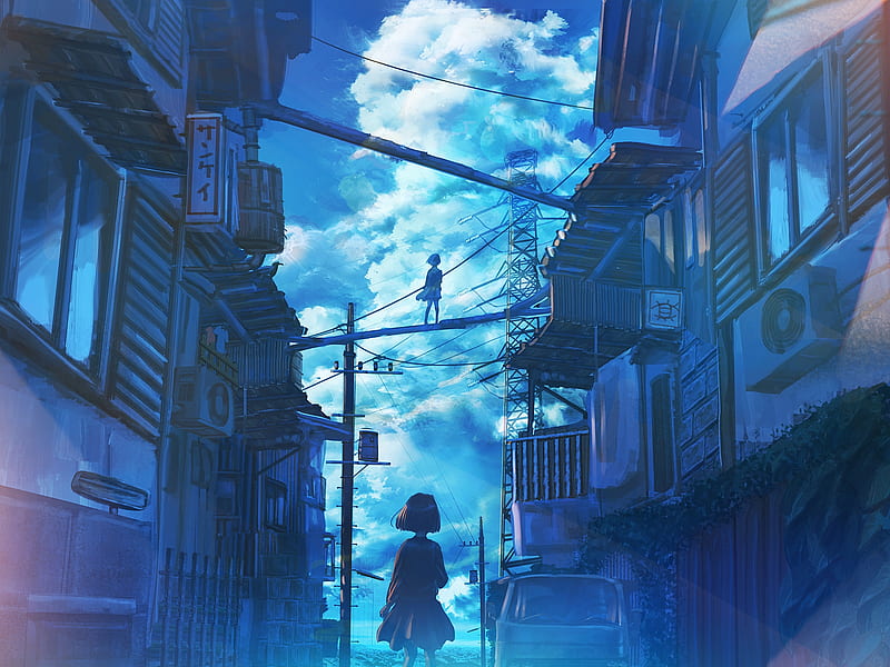 anime girls, polychromatic, back view, street, clouds, scenery, sky, Anime, HD wallpaper