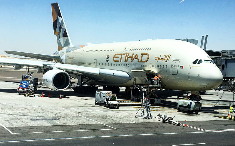 Airbus A380, Etihad Airways airport, landing, passenger plane, Airbus, HD wallpaper