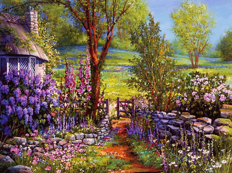 Stone wall, house, lovely, cottage, colors, bonito, wall, stone, flowers, garden, way, HD wallpaper Stone wall, house, lovely, cottage, colors, bonito, wall, stone, flowers, garden, way, HD wallpaper